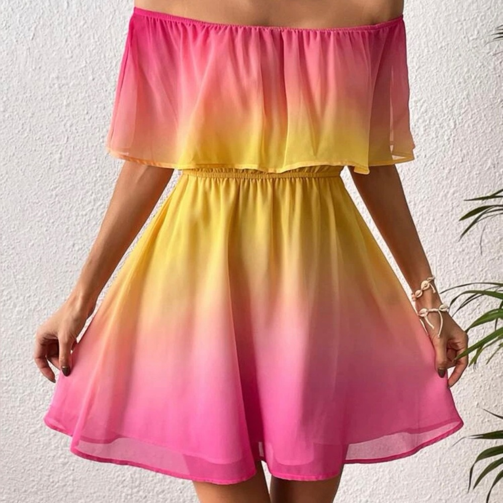 Ombre Off Shoulder Ruffle Trim Dress
